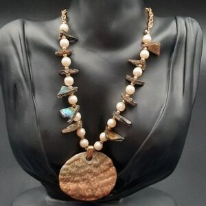 Vintage Shell Abalone Necklace w/ Faux‎ Pearls & Shark Tooth Shaped Accents